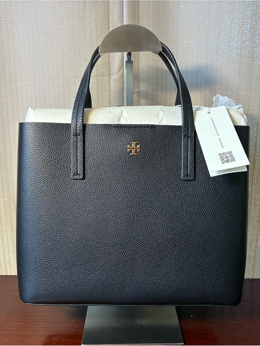 Tory Burch Black Pebbled Leather Small Tote with Gold Logo NWT